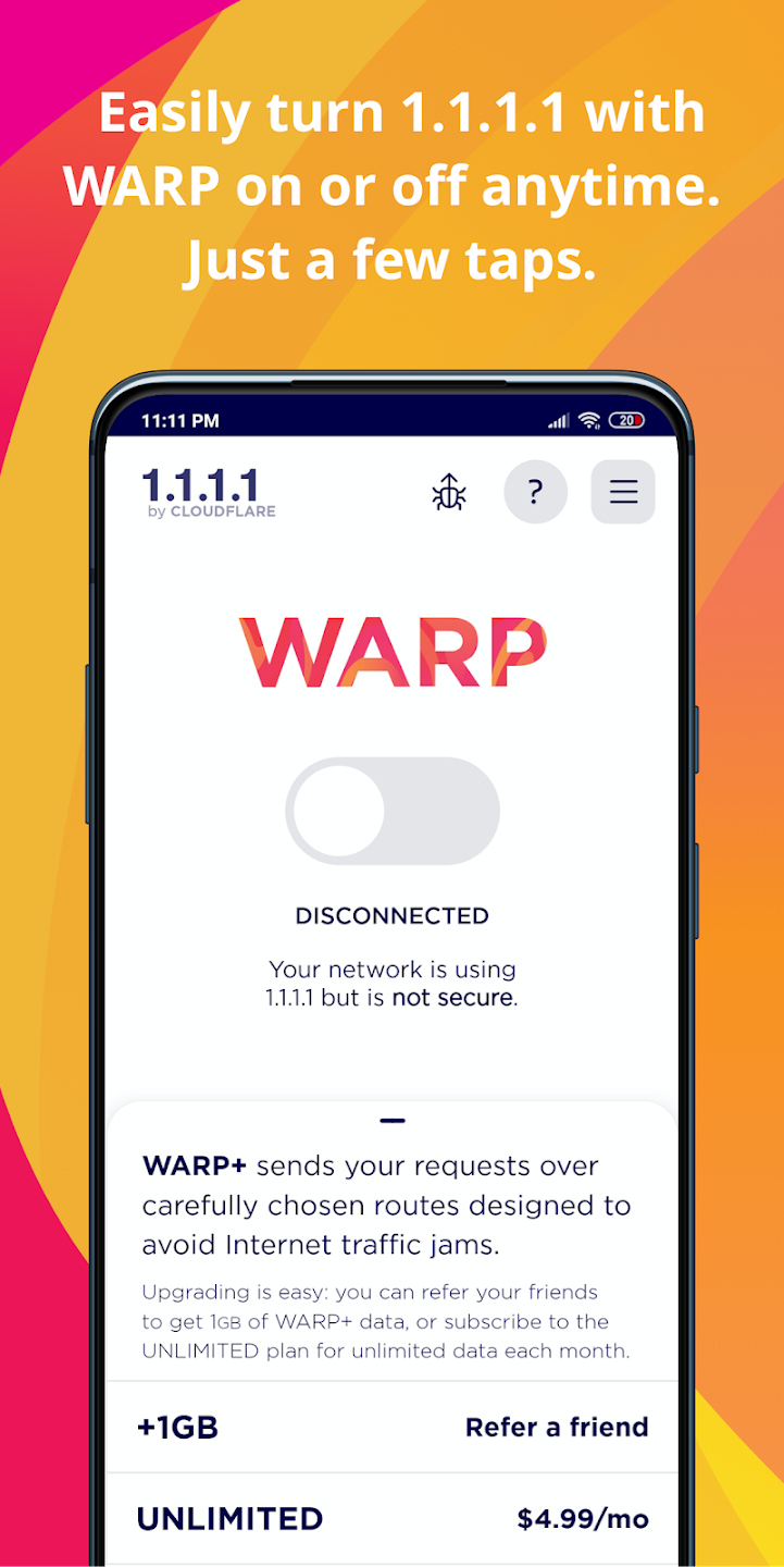 1.1.1.1 + WARP (Premium, Unlimited WARP+) screenshot 1